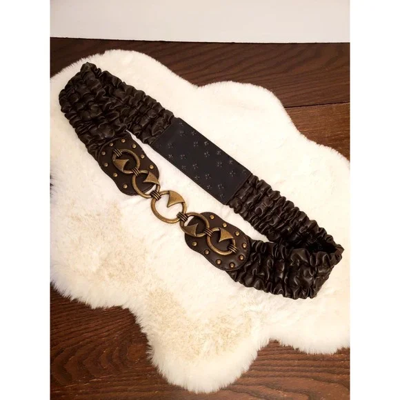 Womens L/XL Chocolate Ruched Elastic Cinch Wide Belt Brass Hook Art Deco Studded - Picture 5 of 14